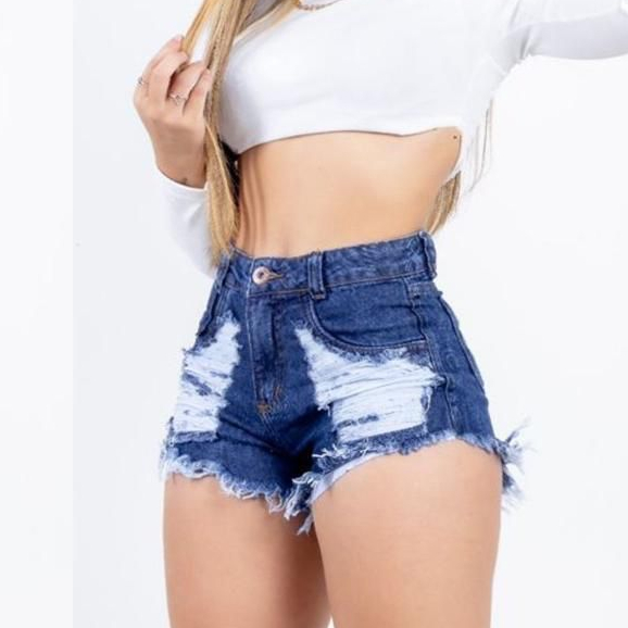 Shorts Jeans Feminino Cintura Alta Cos Alto Desfiado Hot Pants Destroyed