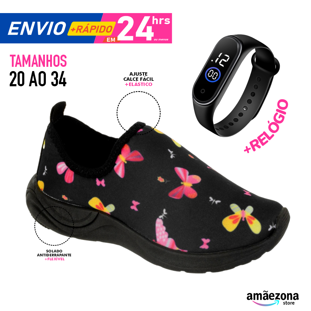 Kit Tênis menina com Relógio de pulso feminino estampado estampa borboleta preto sola preta solado escuro antiderrapante sem cadarço confortável leve macio calce fácil de enfiar o pé