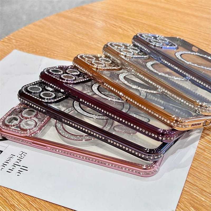 Capa magnetica de glitter com strass na camera transparente para iphone11/12/12promax/13promax/14/14pro/14promax