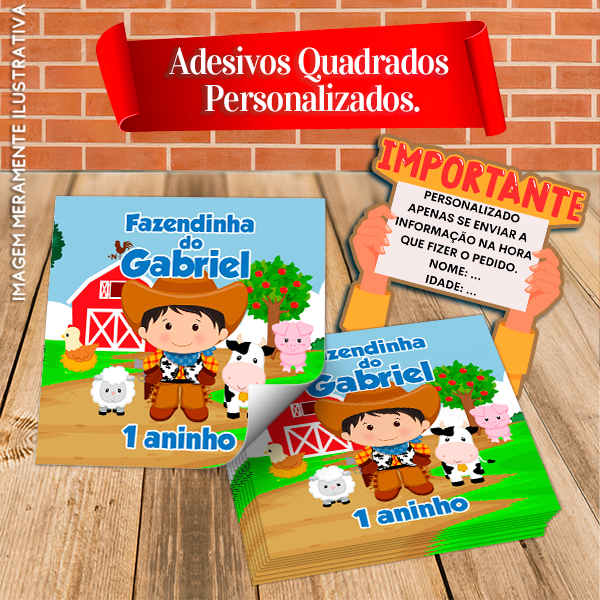 Rótulos Adesivos Quadrados Personalizados Fazendinha Menino Cowboy