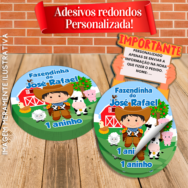 Rótulos Adesivos Redondos Personalizados Fazendinha Menino Cowboy