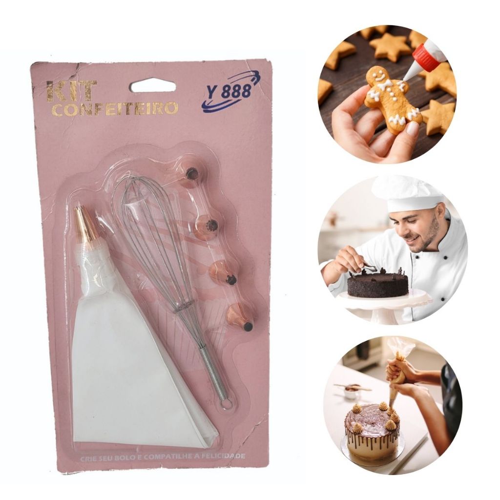 Kit confeiteiro contendo 1 Saco 4 Bicos de Metal 1 Fouet