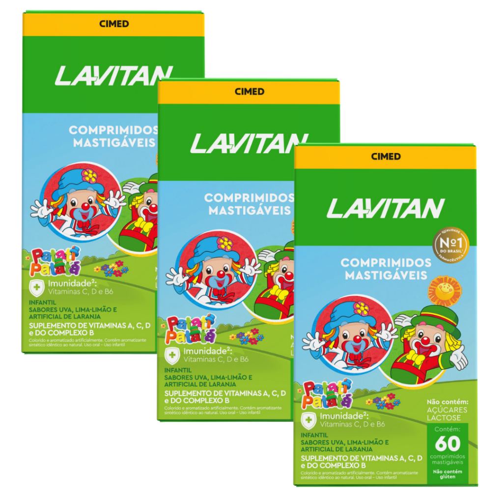 Kit com 3 Lavitan Kids Vitamina Infantil Imunidade Patati Patata Mix De Sabores Cimed 60 CPR Mastigaveis