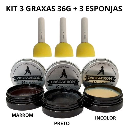 Kit graxas para sapato 36g cores marrom, preto e incolor + 3 esponjas aplicadoras