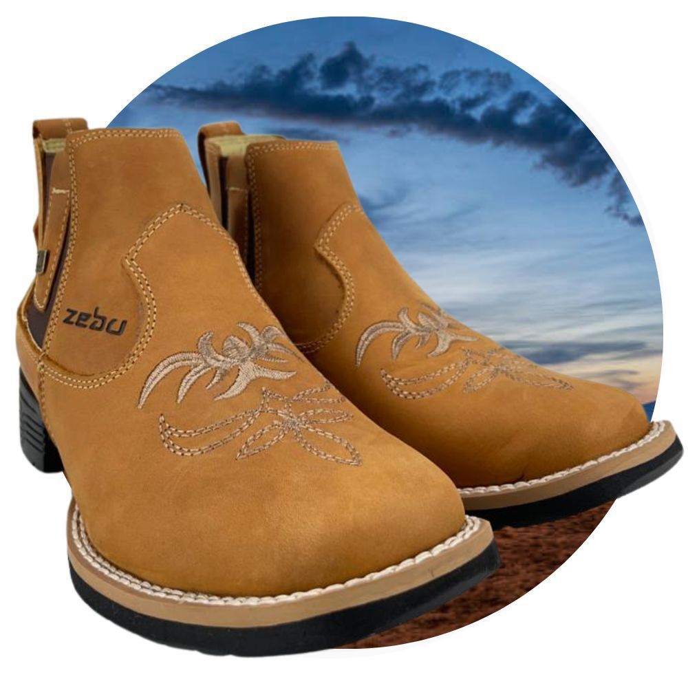 Botina Feminina Zebu Original Bico Quadrado Tradicional 100% Couro Marrom Bordada Lida no Campo Fazenda Rancho Agrogirl
