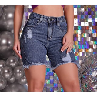 Short Meia Coxa 36 ao 48 Jeans Marmorizado Cintura Alta Feminino
