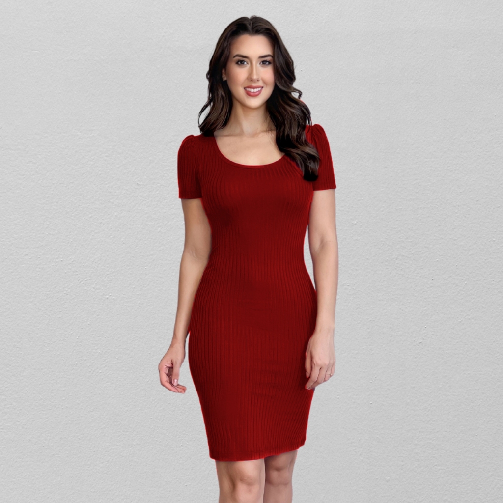 Vestido Tubinho Midi Canelado Justo Casual Manga Bufante Princesa Social Moda Evangélica