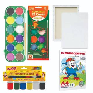 Kit de Pintura Infantil Aquarela: 1 Aquarela 12 Cores  + 50 Folhas Sufite + Guache 6 Cores + Tela de Pintura 10x15cm
