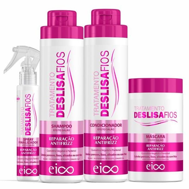 Eico Deslisa Fios Shampoo Sem Sal e Condicionador Leave-in 800ml + Máscara Hidratação 1kg + Spray Protetor Térmico