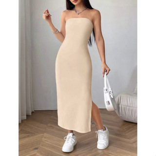 Vestido canelado tubinho tomara que caia com fenda longo tricot