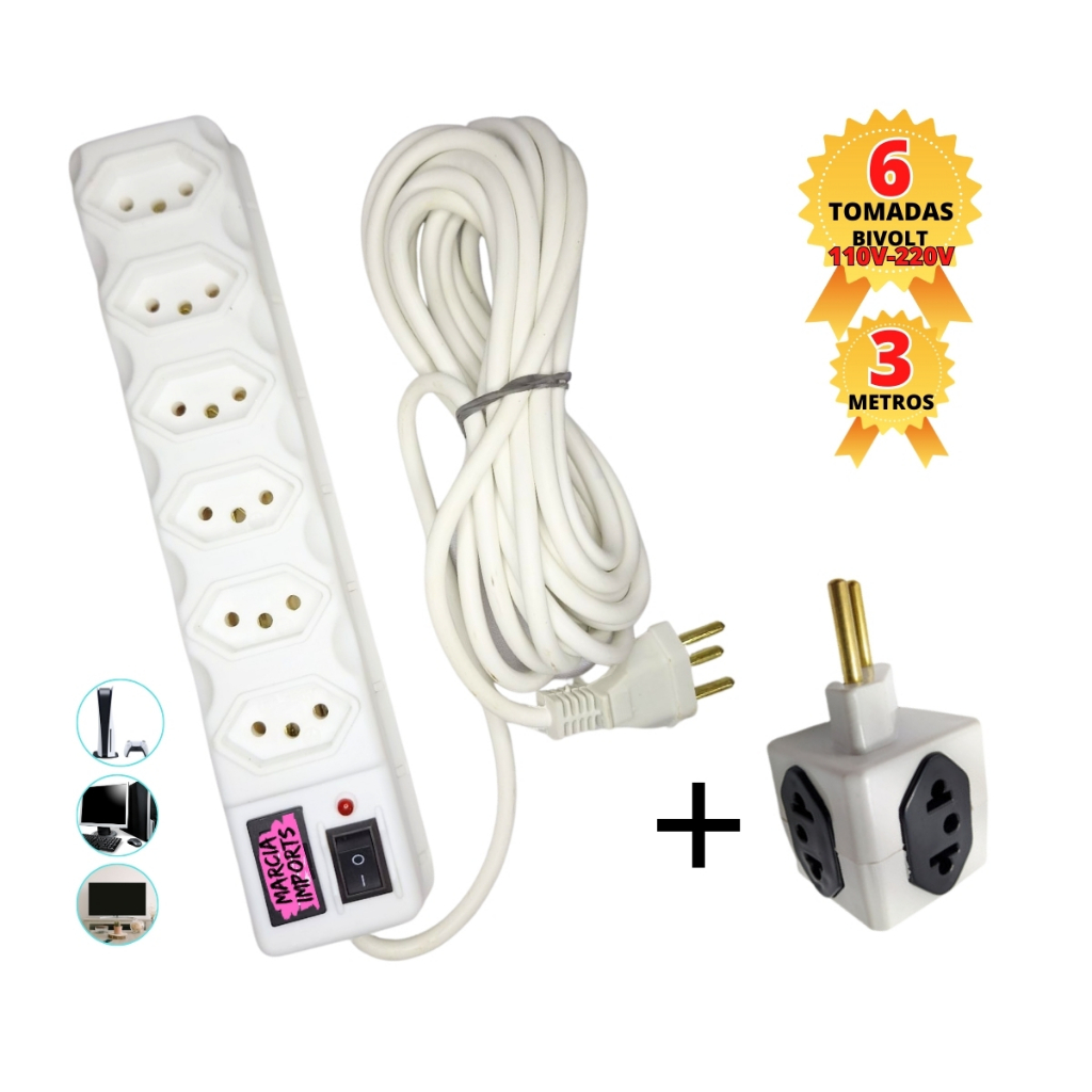 Filtro de Linha 3 Metros de Cabo Branco + Adaptador de Tomadas Cubo Regua Eletrica Tripolar 10A