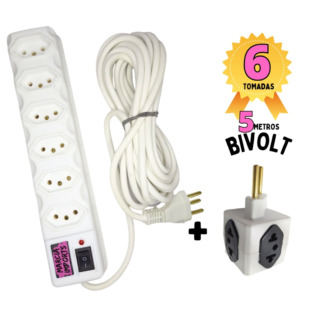 Filtro De Linha Com 5 Metros de Cabo Varios Tamanhos Regua Eletrica Tripolar Branco  + Adaptador