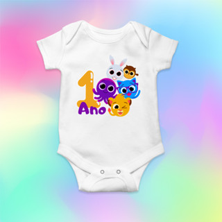 Body bebê infantil branco manga curta estampa Bolofofos 1 ano