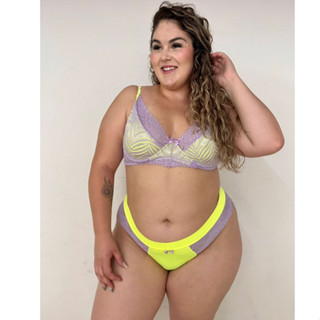 Lingerie Plus Size Neon Bicolor Conjunto de Calcinha Plus Size e Sutiã Plus com Aro Renda Sensual Microfibra Moda Verão