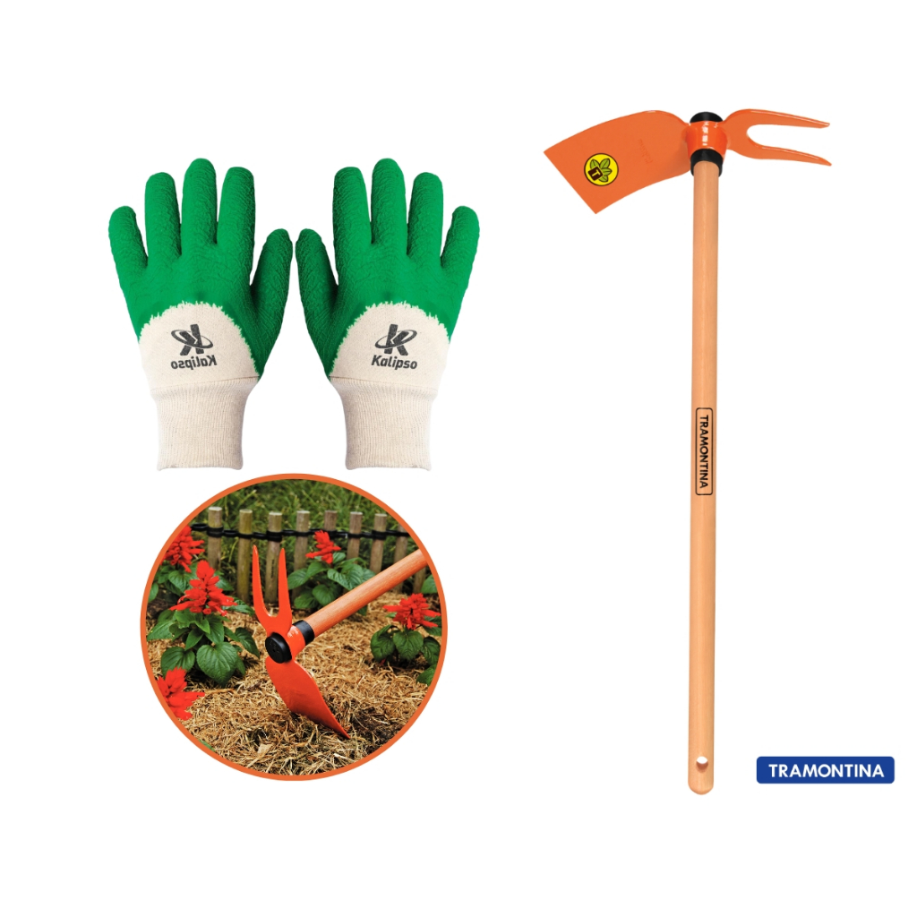 Kit Jardinagem Enxadinha Duas Pontas + Luva Proteçao Segurança  Multiuso Tramontina