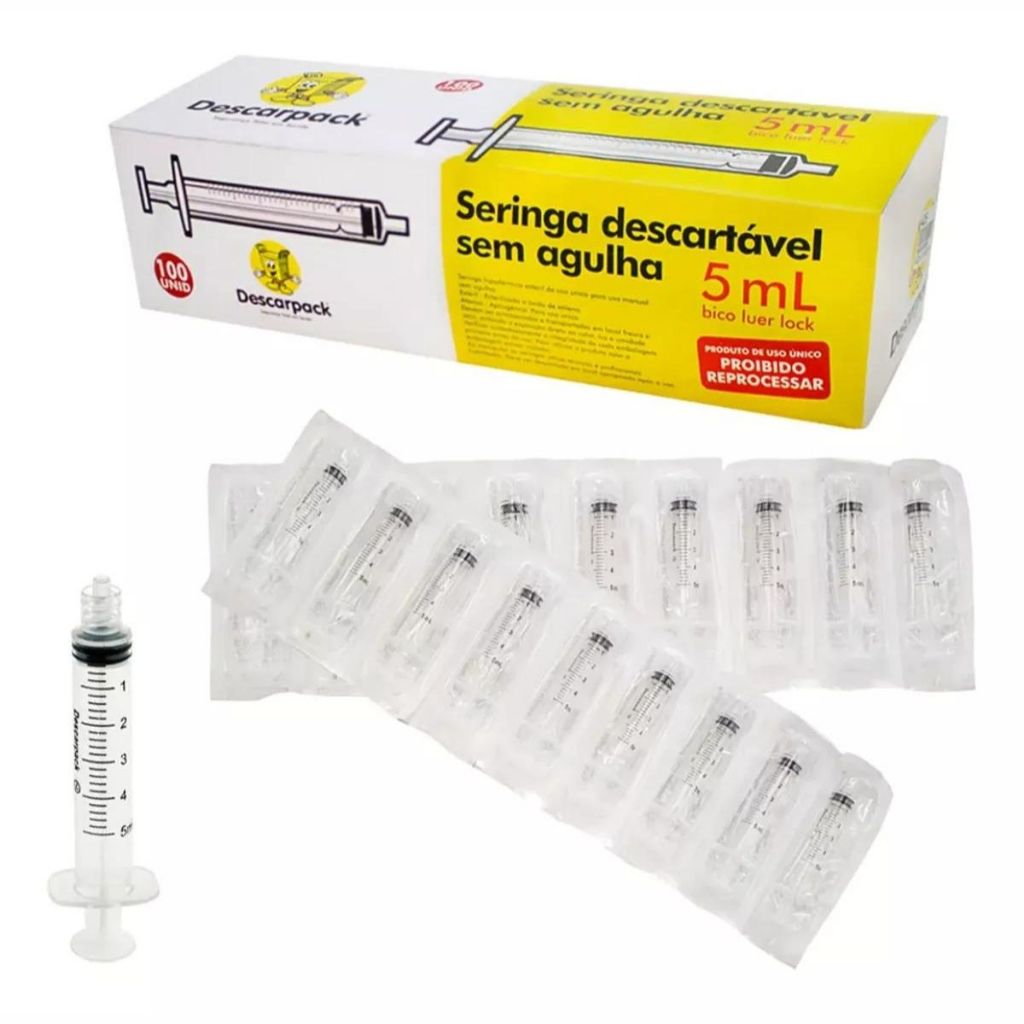 Seringa Descartável Sem Agulha Bico Rosca Dupla 5ml - 100 Uni Capacidade Em Volume 5 Ml em Oferta na Shopee