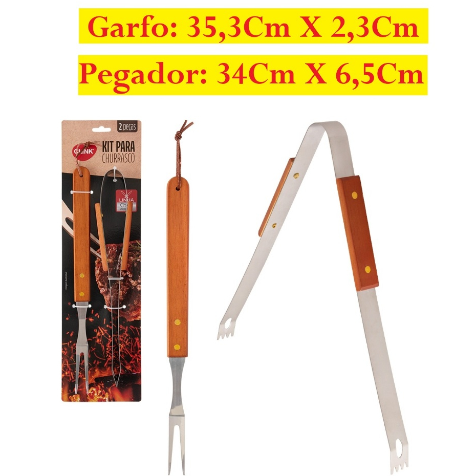 Conjunto Para Churrasco De Aço Inox Contendo Um Garfo 35,3X2,3CM E Um Pegador 34X6,5CM Linha Cheff Clink Prático E Fácil