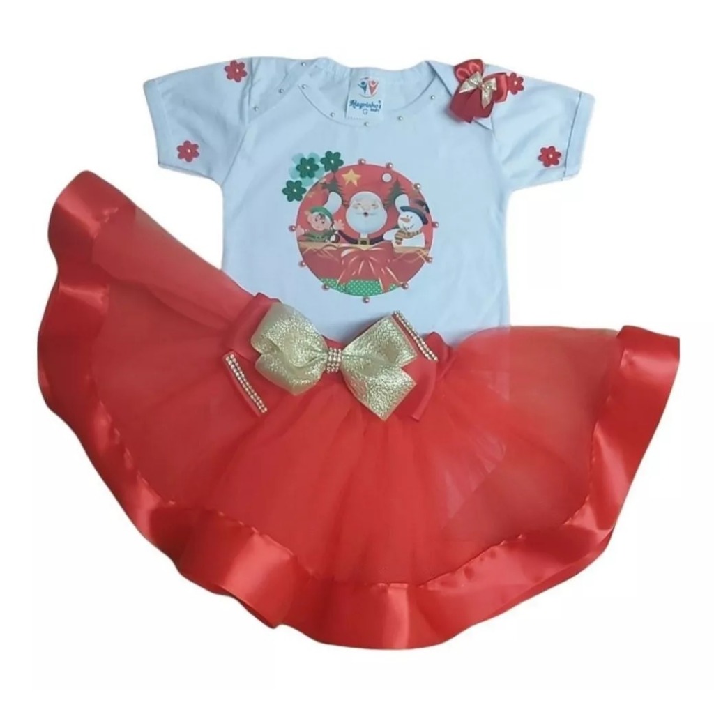 Body Papai Noel Bebê Menina Roupa Natal Infantil Festa Com Saia Tutu