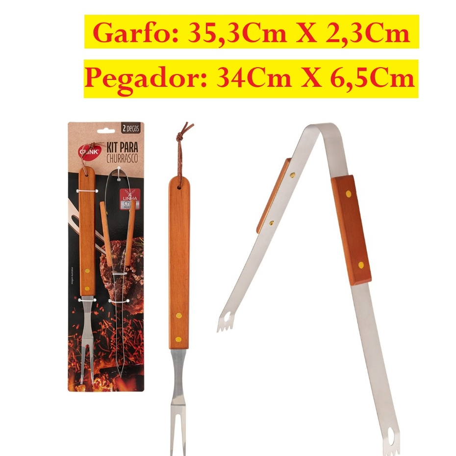 Conjunto Para Churrasco Prático E Fácil De Aço Inox Contendo Garfo 35,3X2,3CM E Pegador 34X6,5CM Linha Cheff Clink