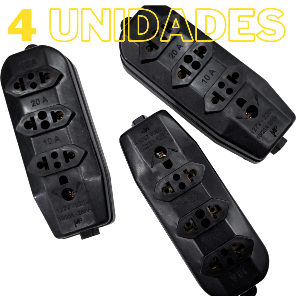 Kit Com 4 Extensao Regua Com 3 Tomadas 10a/20a Bivolt Preta