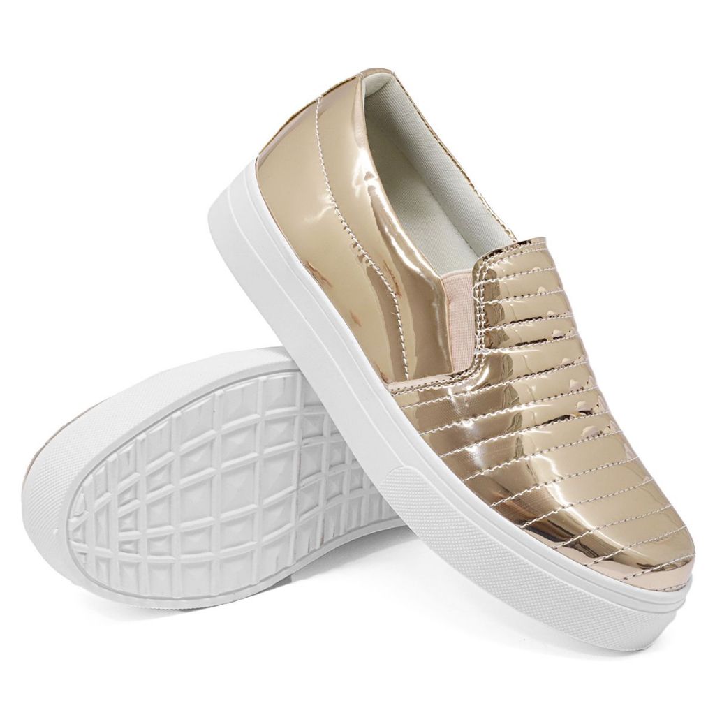 Tênis Branco Com dourado Calçado Feminino Flat from Sola alta