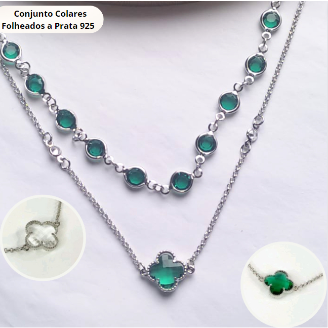 Mix Colar Conjunto Colares Choker gargantilha Tiffany Pedra Verde Esmeralda Pedra Branca Trevo Virginia Prata 925 Folheada