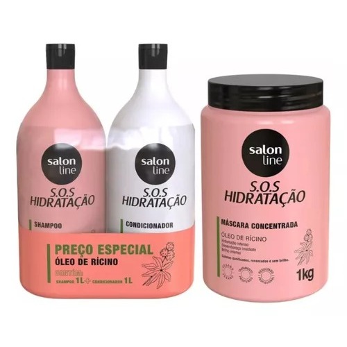 Kit S.O.S Hidratação Óleo de Rícino Shampoo e Condicionador Litrão e Máscara 1kg Salon Line