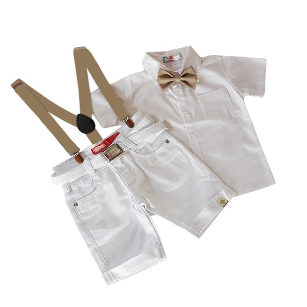 Conjunto De Batizado Festa Apresentação Para Menino Com Bermuda Gravata e Suspensório Bege