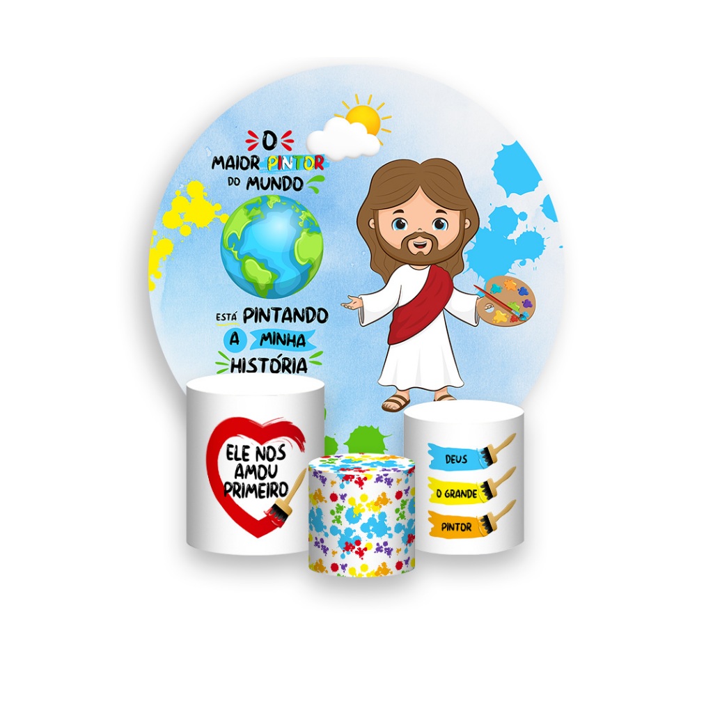Painel De Festa Redondo + Trio De Capas Cilindro - Jesus Maior Pintor do Mundo 014 em Oferta na Shopee