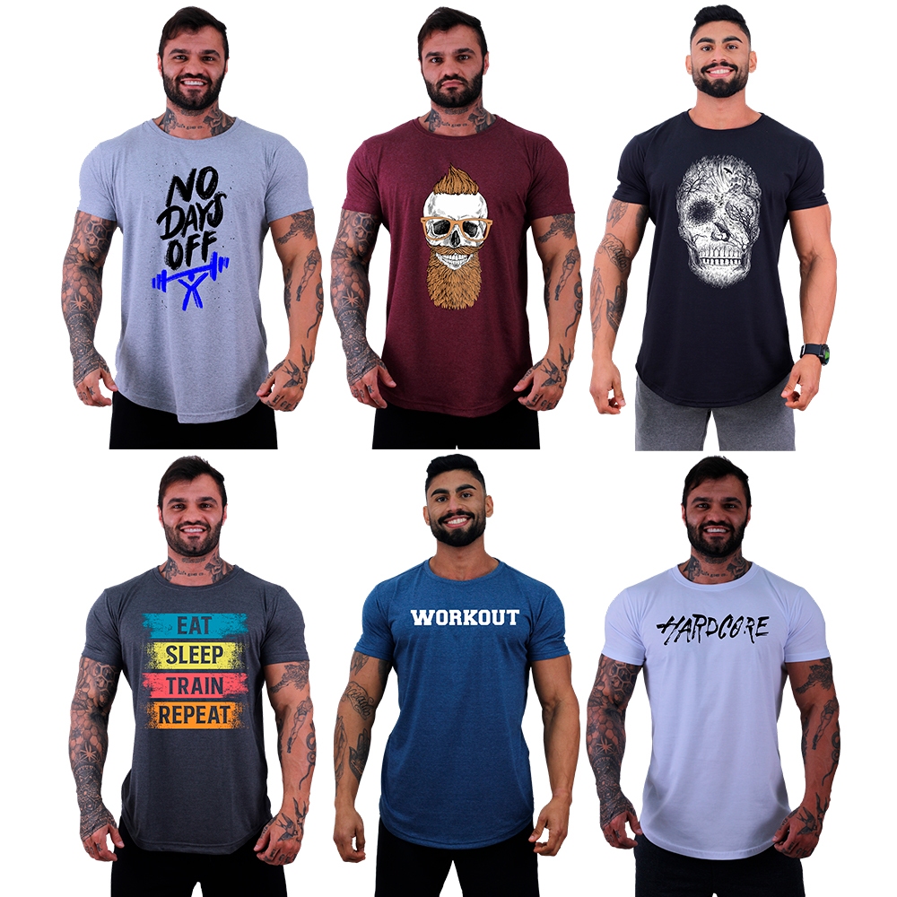 Kit 6 Camisetas Longline Fio 30.1 Algodão MXD Conceito Moda Manga Curta Musculação Treino Estampas
