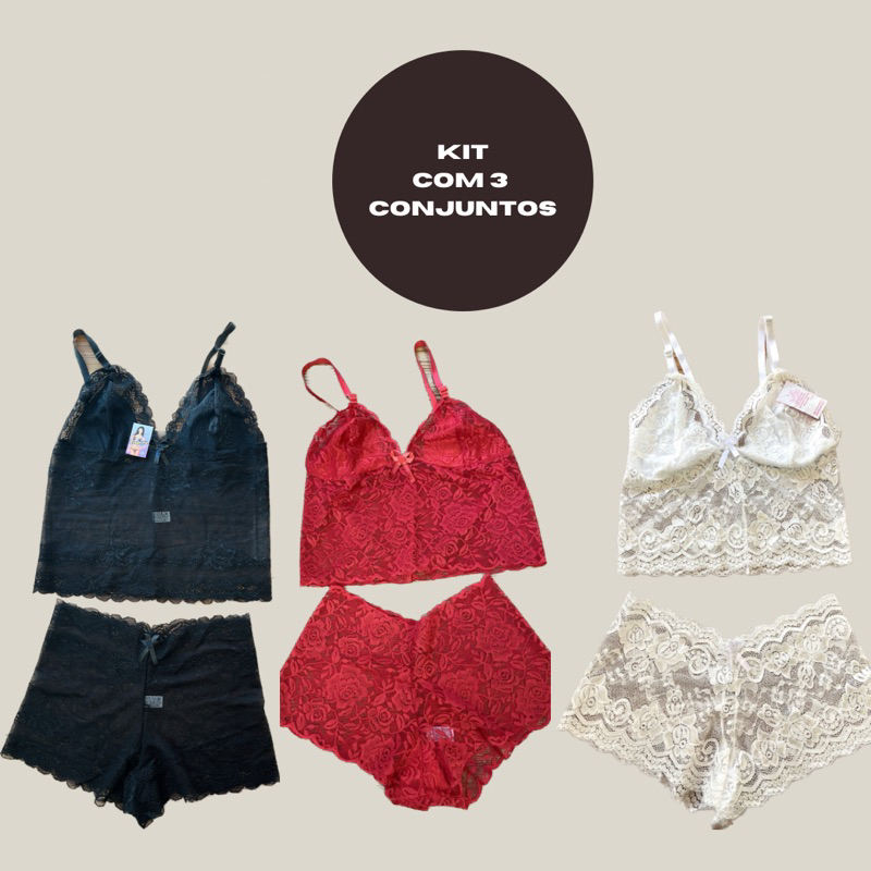 Kit Com 3 Conjuntos Espera Marido Em Renda Lingerie Caleçon Renda Calcinha Sutiã Cropped Promoção Atacado