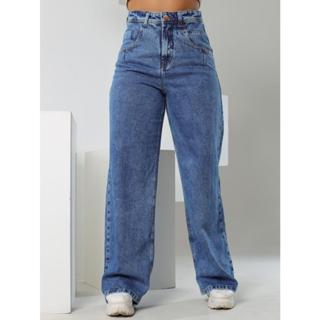 Calça Jeans Wide Leg Pantalona Azul Claro Marmorizado