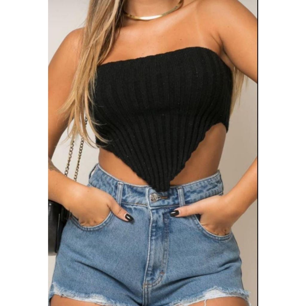 Tomara que caia bico modal tricot cropped top verão moda tendência blogueira  tricô