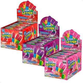 Kit 24un Pirulito Pop Letter Letras e Números Colecionáveis 14g - Morango, Uva e Frutas Vermelhas