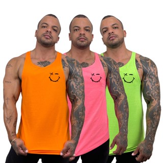 Kit com 3 Regatas Masculinas em Algodão com Estampa Expressão Sorriso - Bombey - Kit com 3 regatas