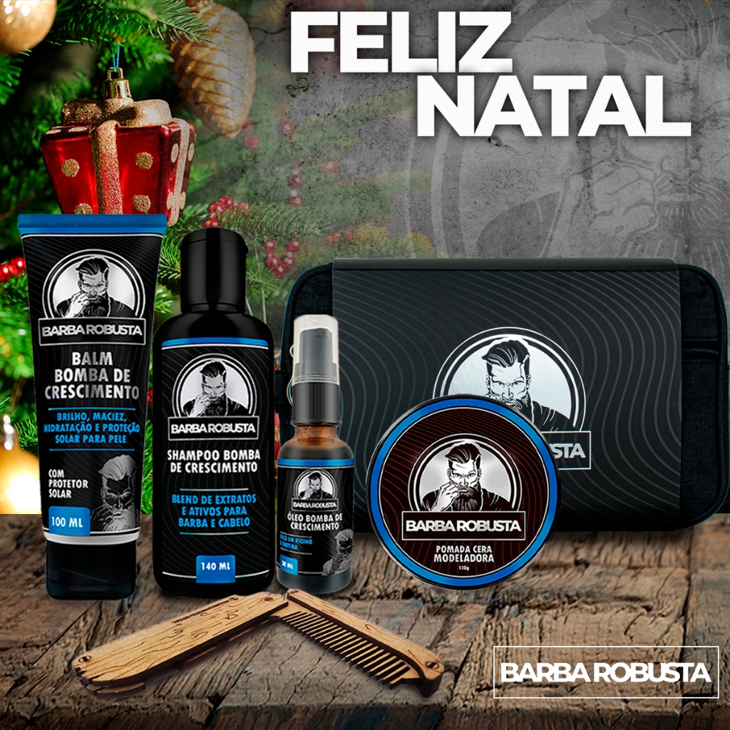 Kit barba robusta Shampoo, Óleo, Balm, Pente necessaire