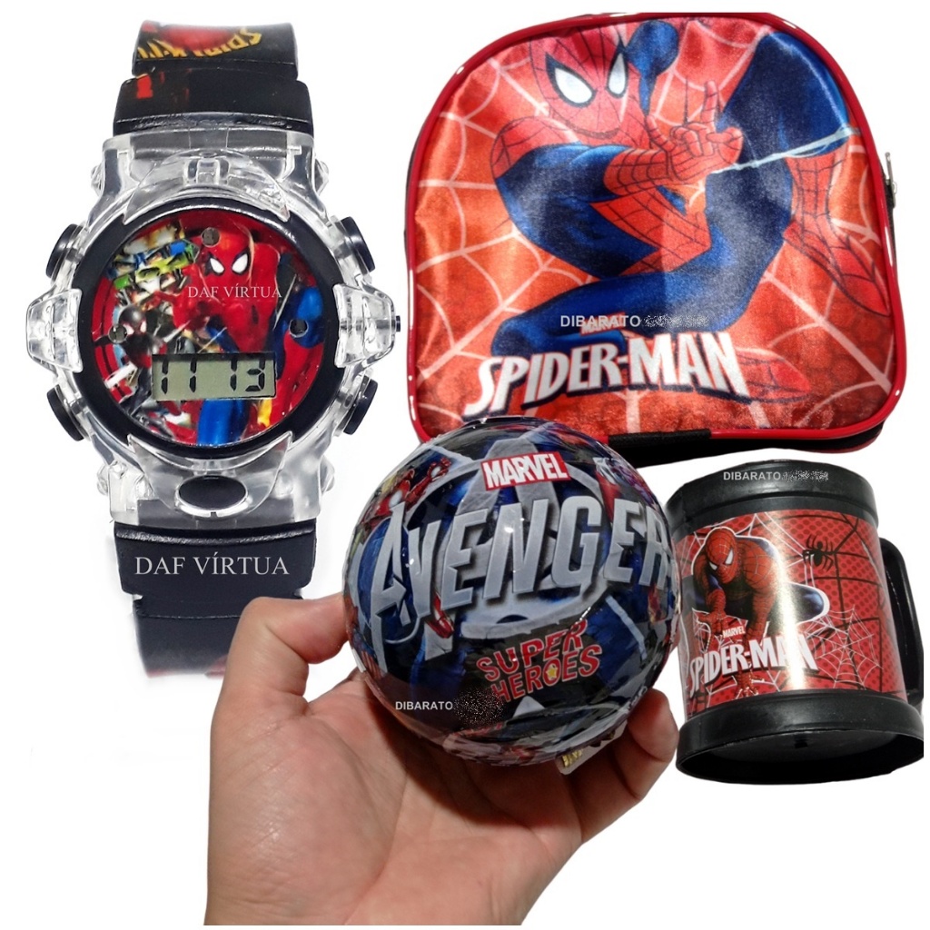 Kit Homem Aranha Relogio infantil mochila caneca relogio musical luzes digital