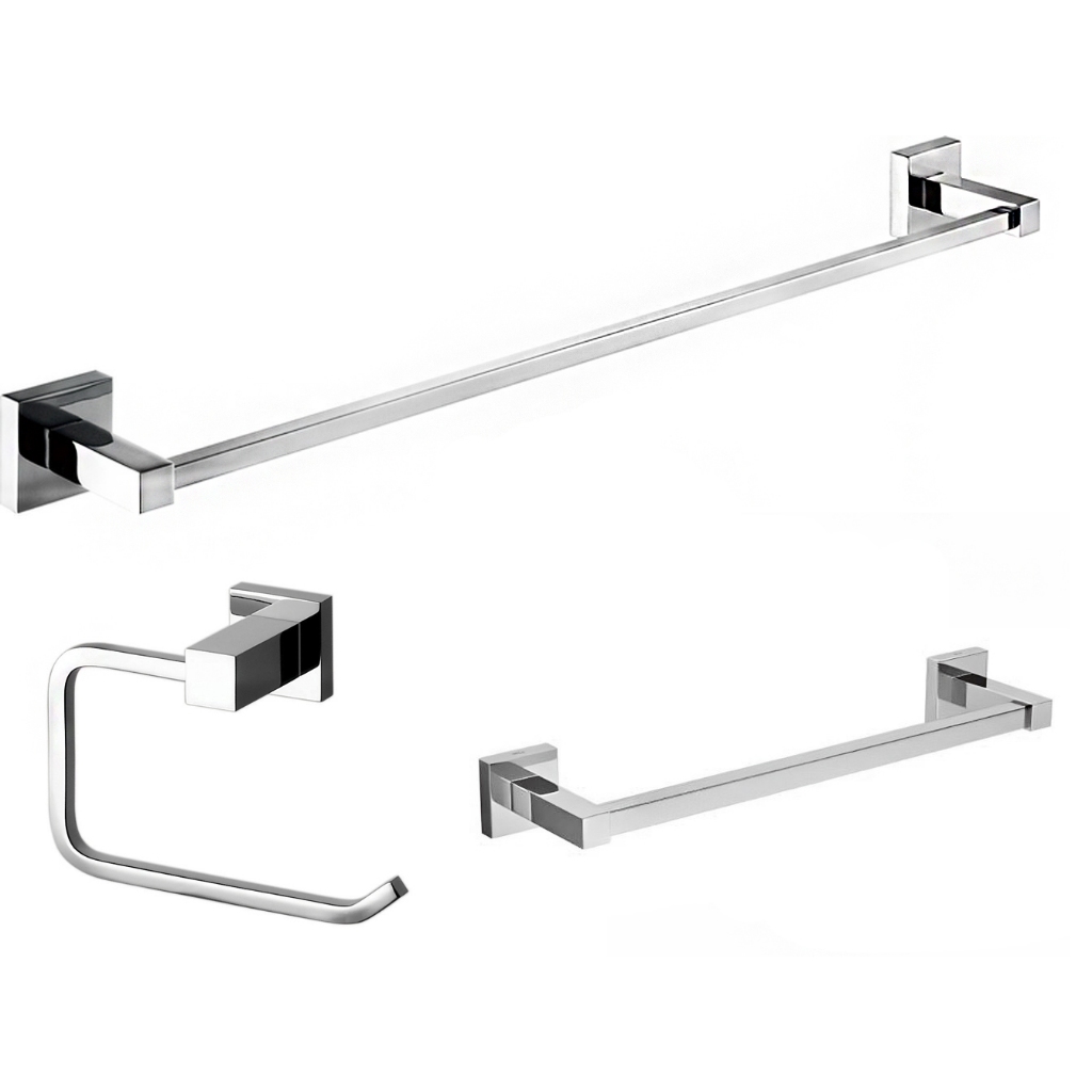 Porta Toalha Banho Cromado Barra 63cm + Porta Toalha de Rosto 30cm + Papeleira Metal Inox