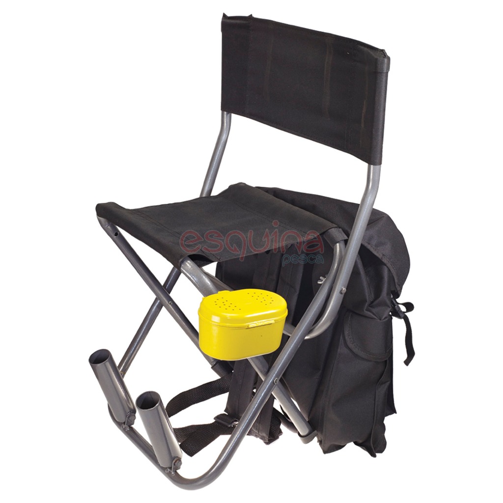 Cadeira de Ferro Dobrável Para Pescar com Mochila 2 Suportes e Porta Isca