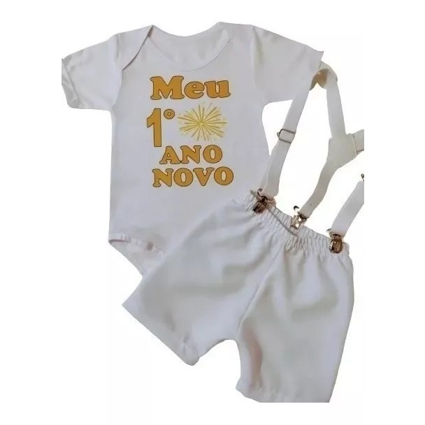 Conjunto Mesversário Infantil Temático Roupa De Bebê Menino Meu Primeiro Ano Novo Body, Suspensório e Short