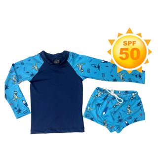 Conjunto Infantil Menino Moda Praia Com Proteção Sola UV 50+ Dinossauro 1/2/3/4