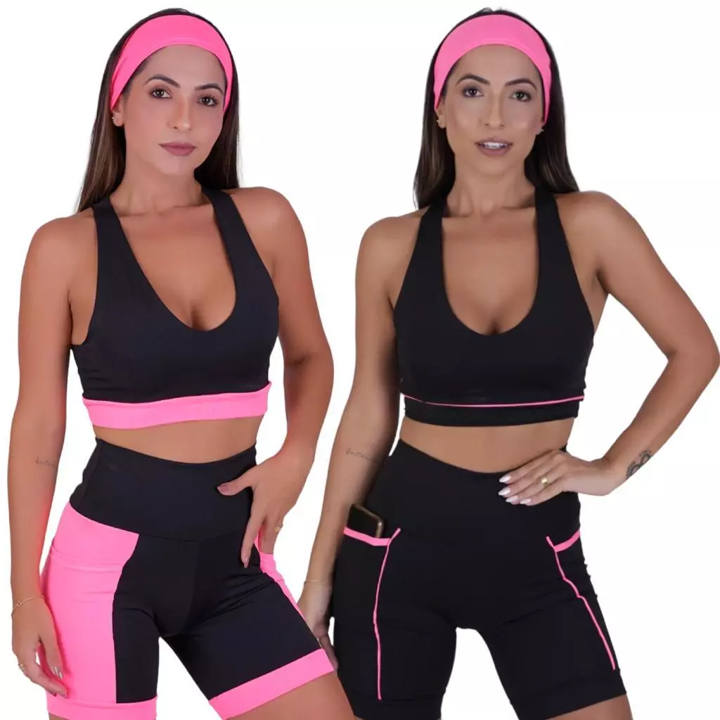 Kit 2 Conjuntos Fitness Feminino Top De Compressão + Bermuda Com Bolsos Laterais — imagem 1
