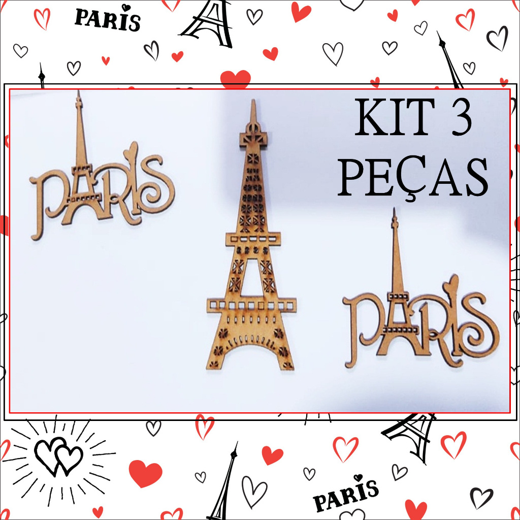 KIT APLIQUES DE PARIS DE MDF RECORTADO A LASER - 2 ESCRITAS PARIS 8X7/1 TORRE 12X6