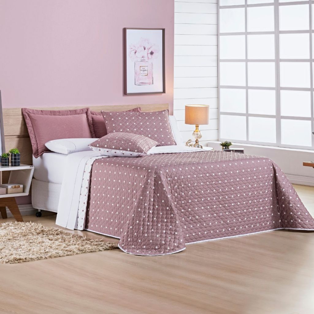 Kit Colcha Cobre Leito Petit Poá Queen Box 3pcs Micropercal 200Fios Toque Macio