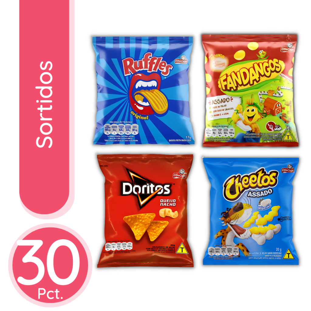 Biscoitos / Salgadinho Elma Chips: Fandangos 22g + Ruffles 17g + cheetos 20g + doritos 22g - 30 Pacotes Sortidos em Oferta na Shopee