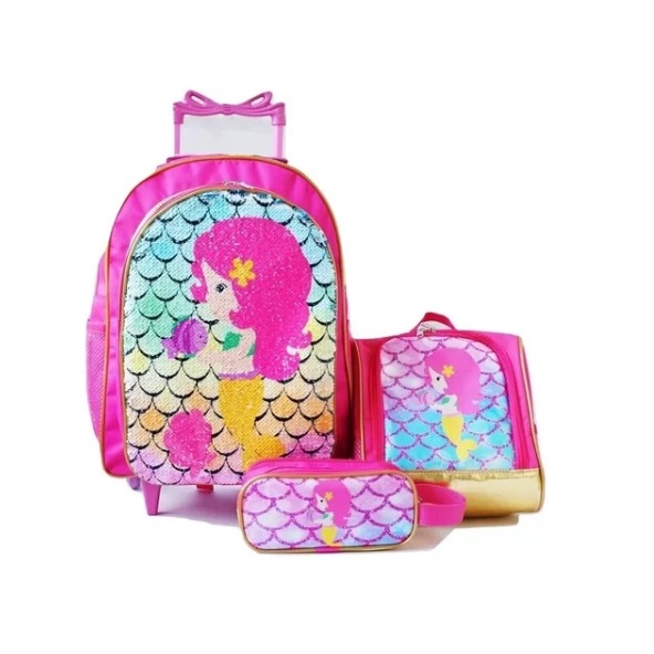 Mochila Sereia Paete Dupla Face Rodinhas Lancheira Estojo Kit