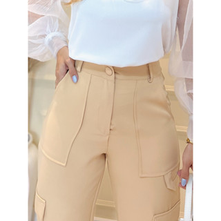 Calça Cargo Feminina Pantalona Com Bolsos Cintura Alta Moda Casual Streetwear