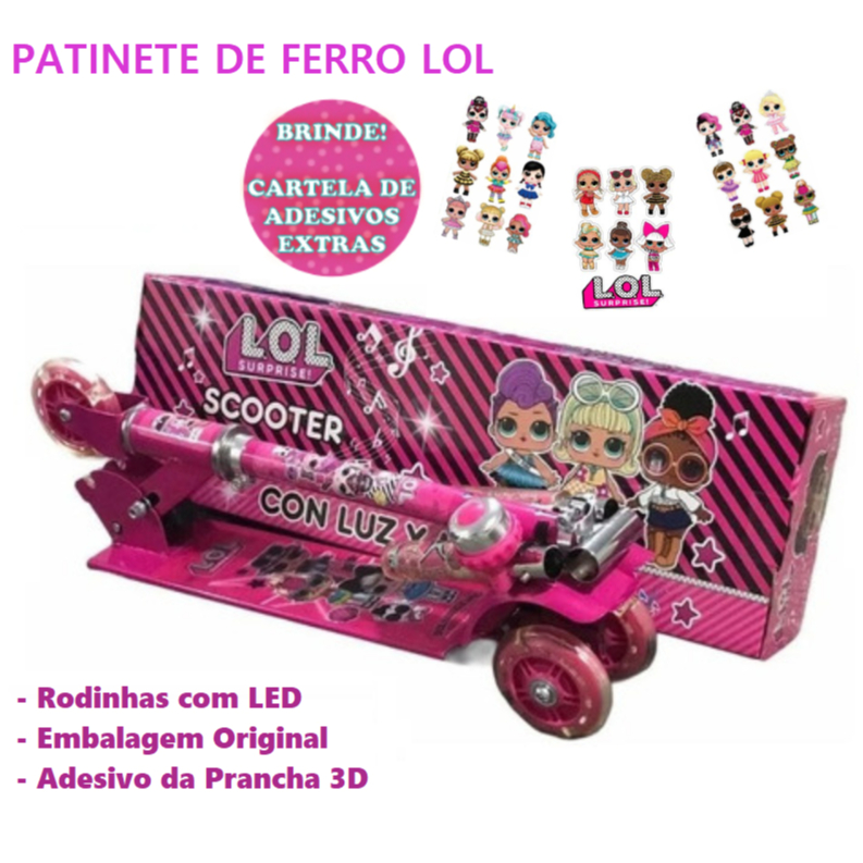 Patinete Infantil 3D Menina LOL Surprise Rosa De Metal Dobrável Led Nas Rodas Buzina Suporta Até 40k