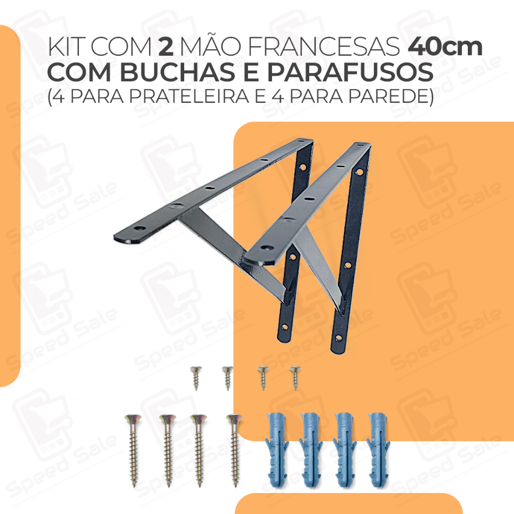 2x Mãos Francesas 40cm Acompanha Kit De Parafuso E Bucha Preta Suporte prateleira industrial preta branca metalico