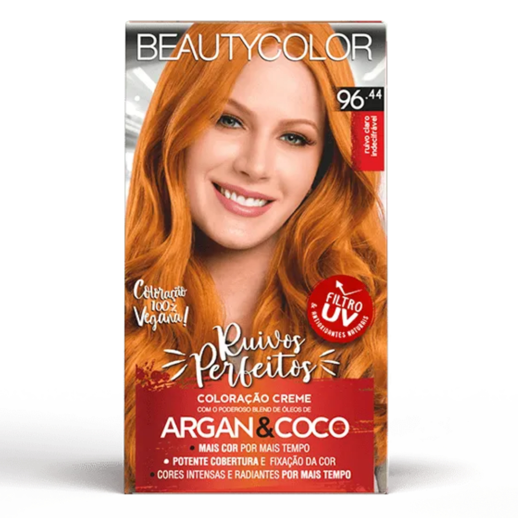 Kit Coloração Permanente Tinta De Cabelo 96.44 Ruivo Claro Indecifrável 45g Beauty Color em Oferta na Shopee